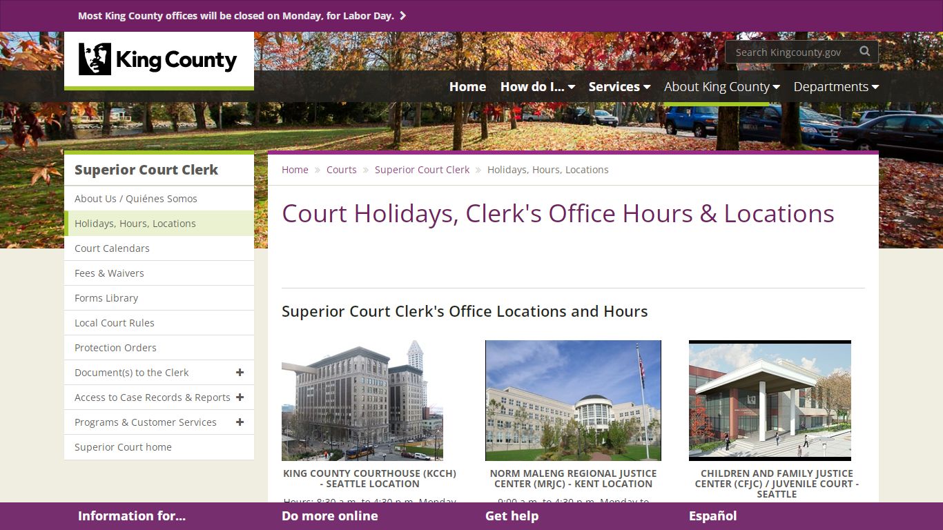 Court Holidays, Clerk's Office Hours & Locations - King County